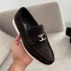 Louis Vuitton Estate Loafers Crafted Suede Calf Leather With A Silver Tone LV Initials Accessory