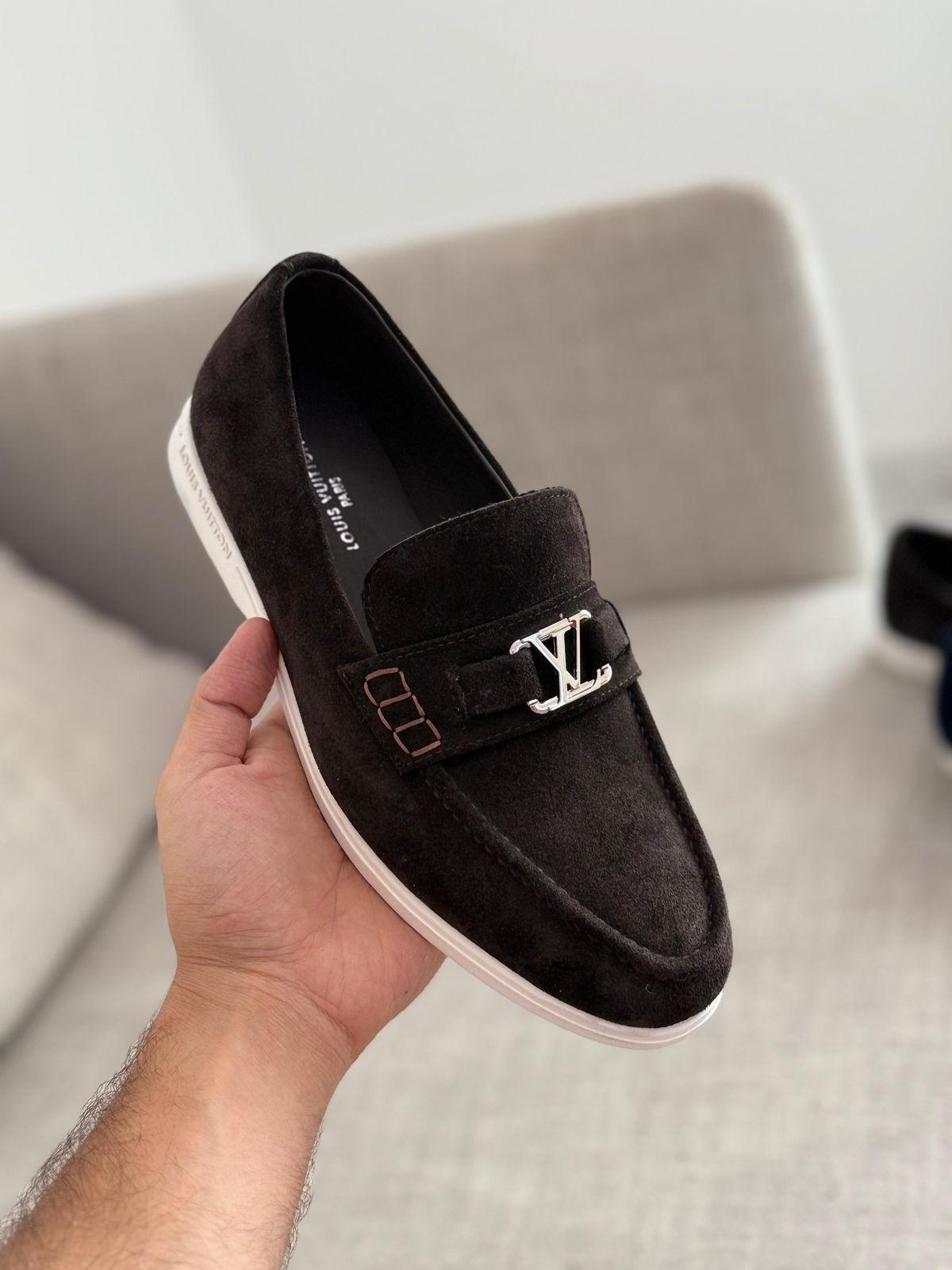 Louis Vuitton Estate Loafers Crafted Suede Calf Leather With A Silver Tone LV Initials Accessory