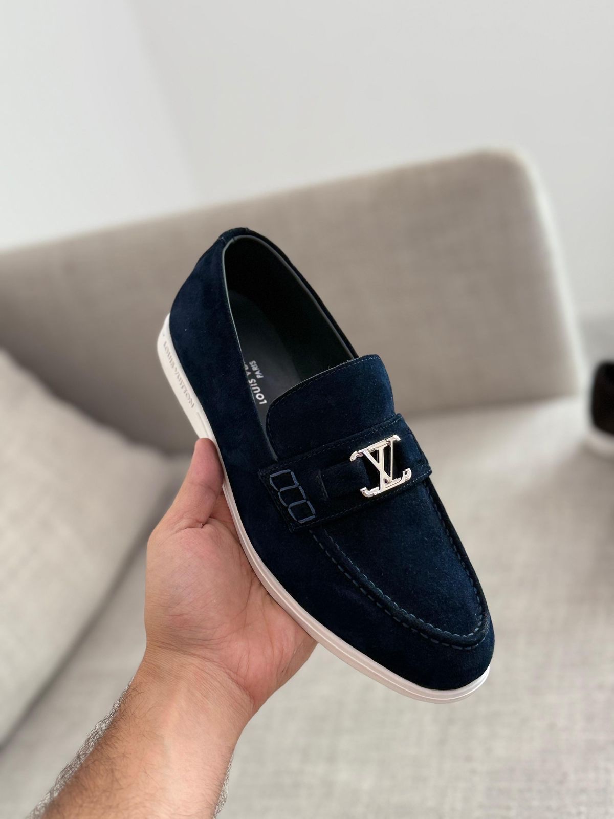 Louis Vuitton Estate Loafers Crafted Suede Calf Leather With A Silver Tone LV Initials Accessory - Image 6