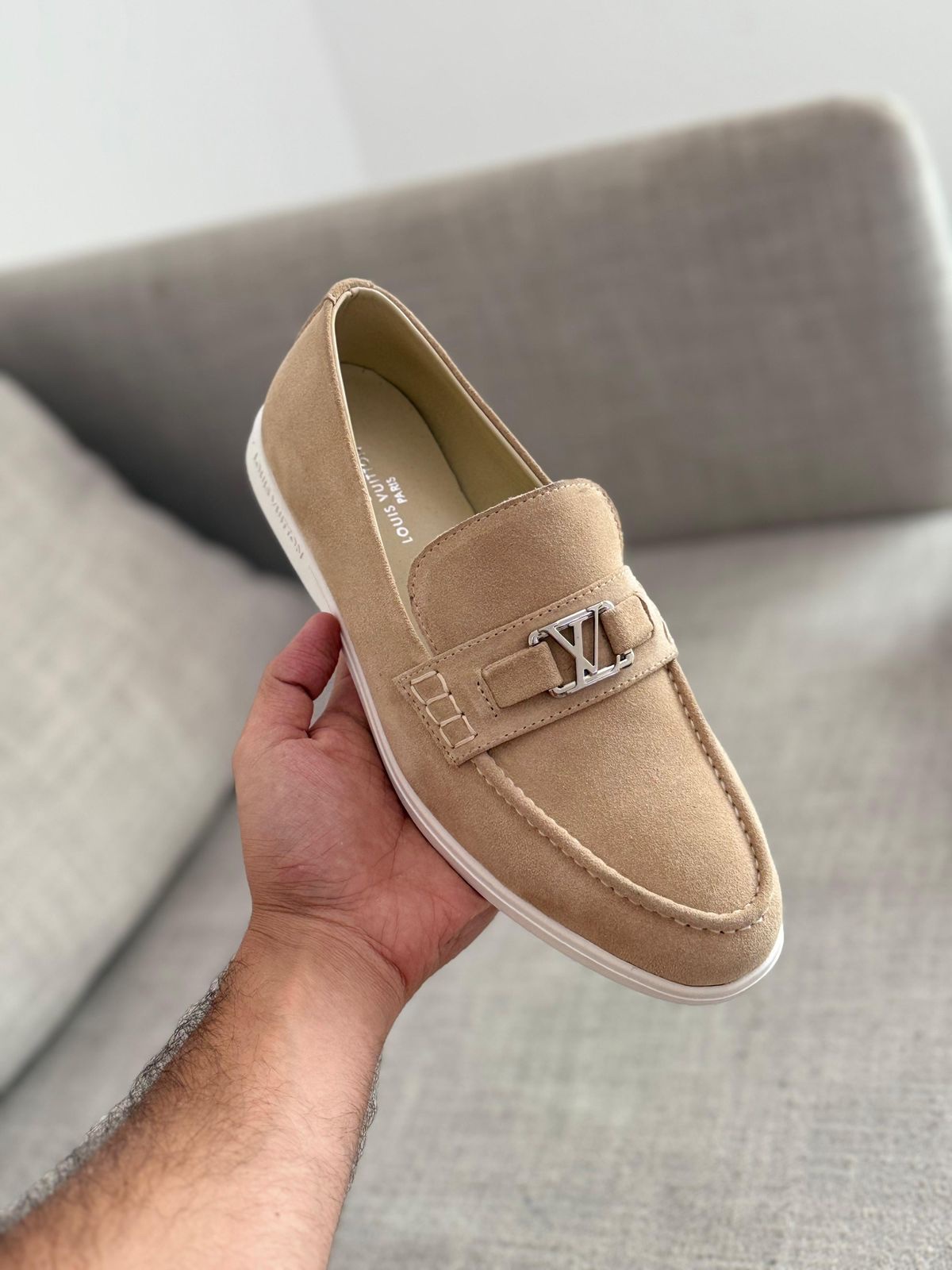 Louis Vuitton Estate Loafers Crafted Suede Calf Leather With A Silver Tone LV Initials Accessory - Image 3