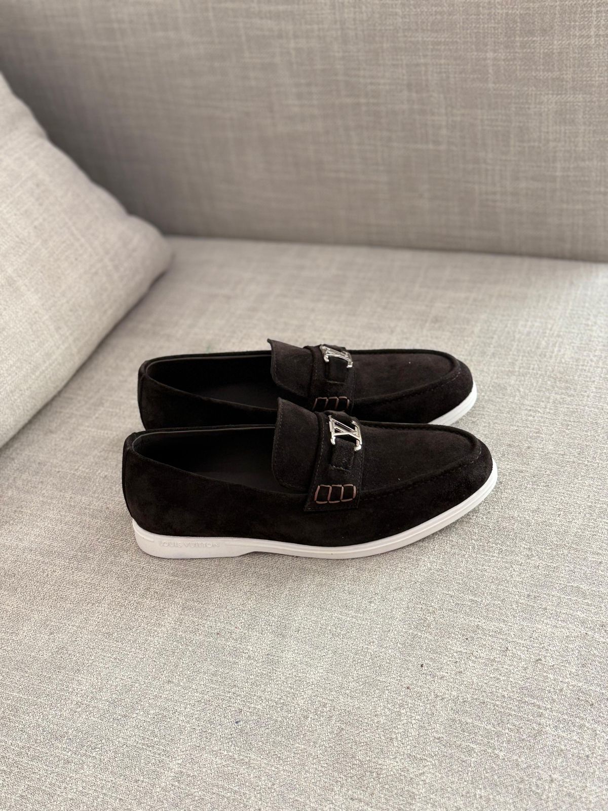Louis Vuitton Estate Loafers Crafted Suede Calf Leather With A Silver Tone LV Initials Accessory - Image 2