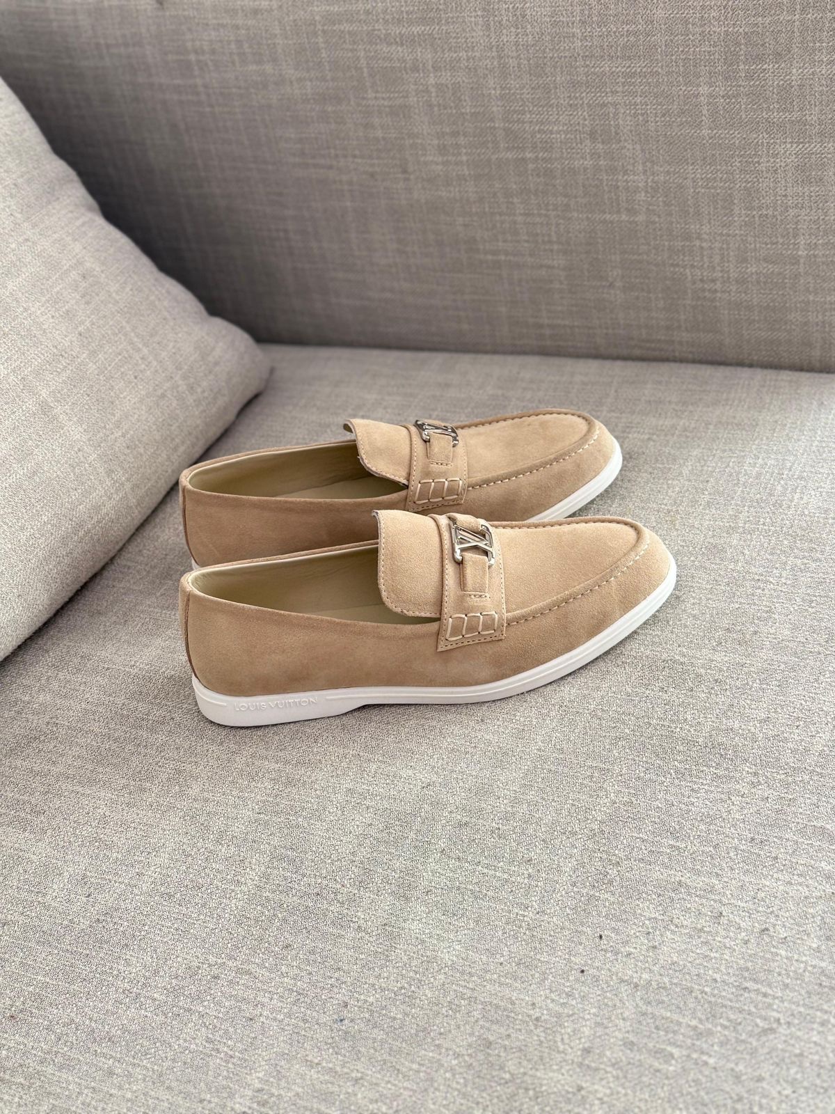 Louis Vuitton Estate Loafers Crafted Suede Calf Leather With A Silver Tone LV Initials Accessory - Image 4