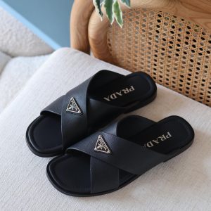 Prada Black Saffiano Leather Crisscross Slides