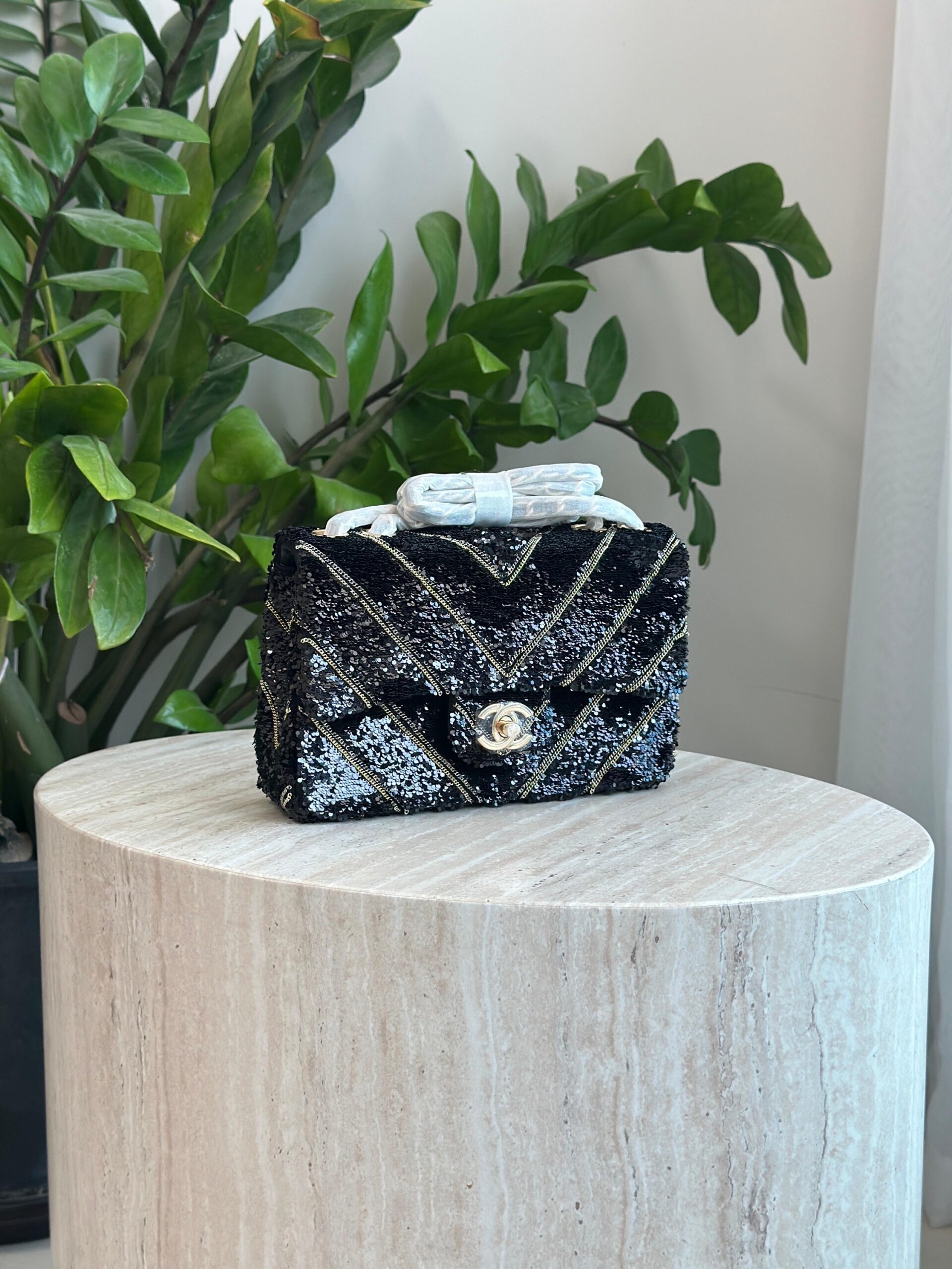 Chanel Black Silk Sequin Chain Chevron Mini Single Flap Bag