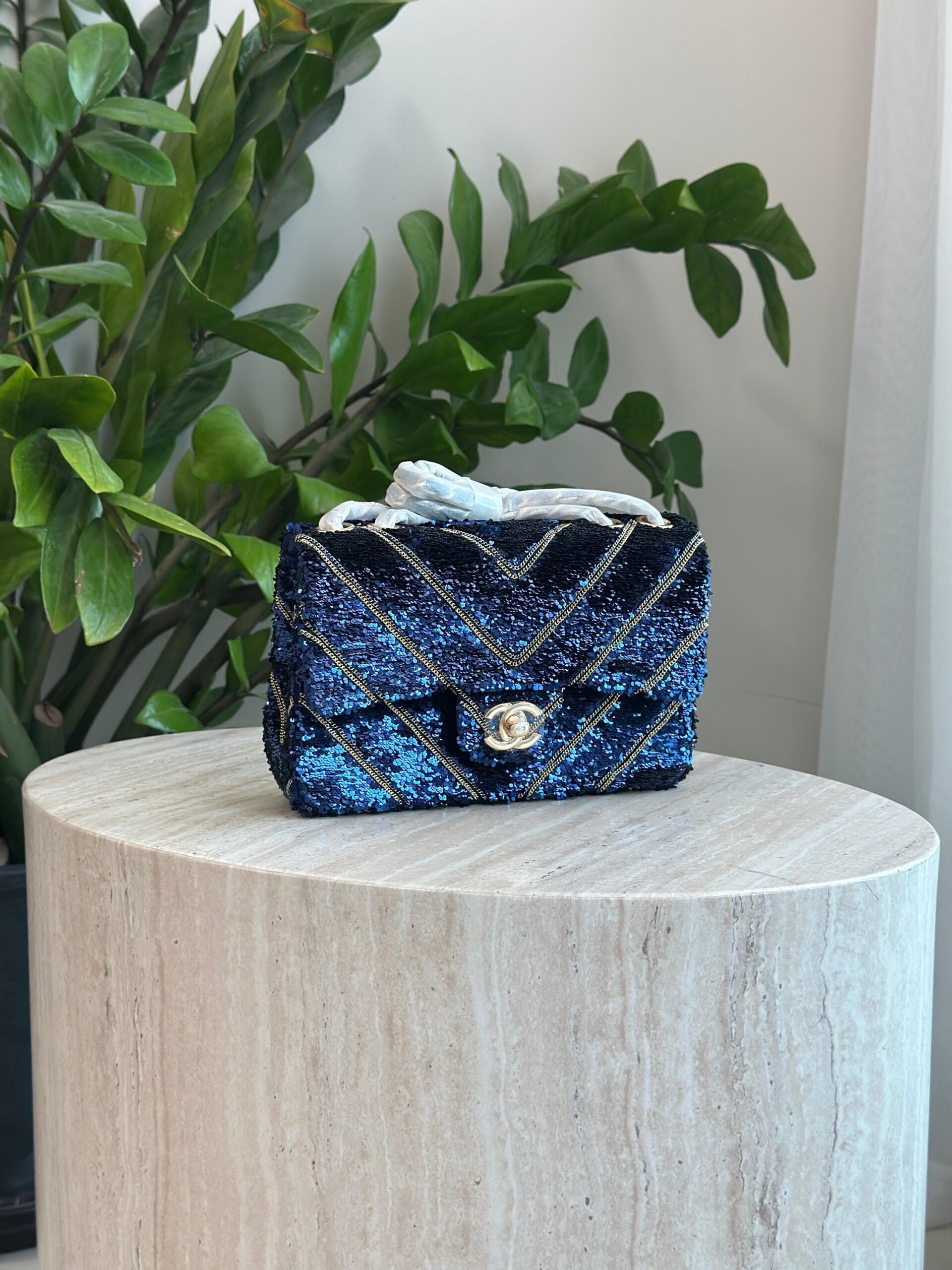 Chanel Black Silk Sequin Chain Chevron Mini Single Flap Bag - Image 2