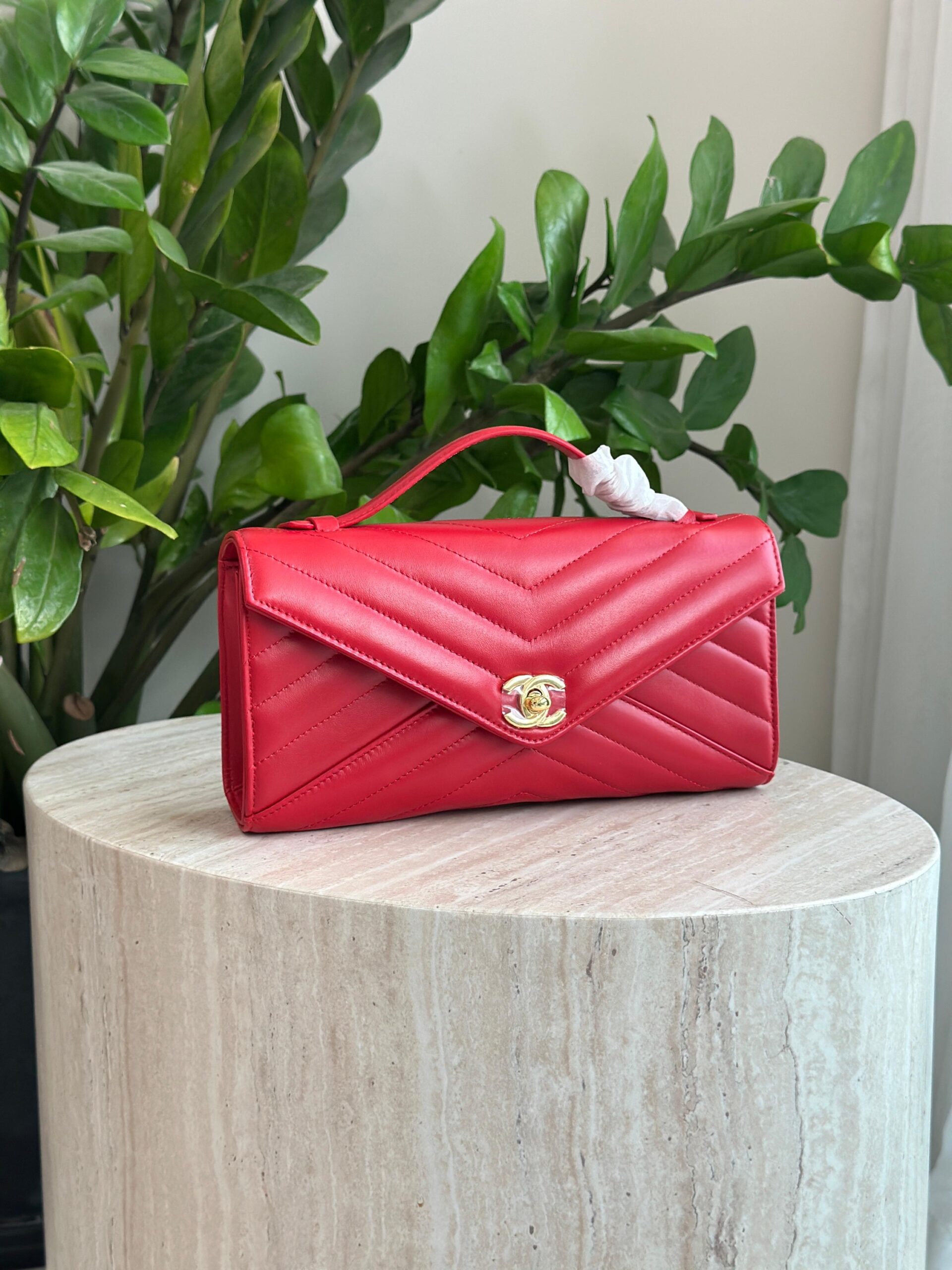 Chanel Red Chevron Leather Envelope Flap Bag