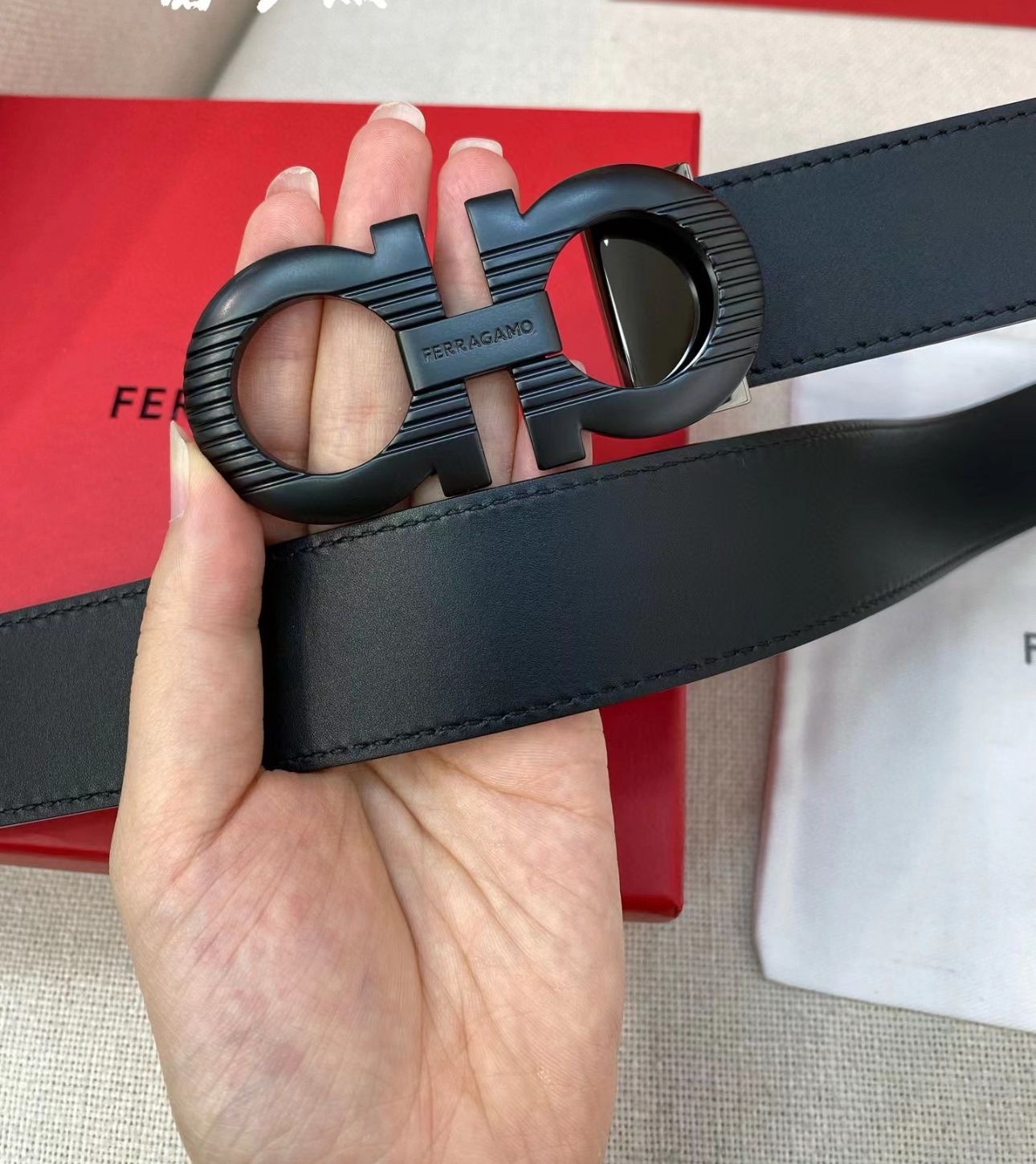 Ferragamo Reversible Gancini Belt Black Calf Leather