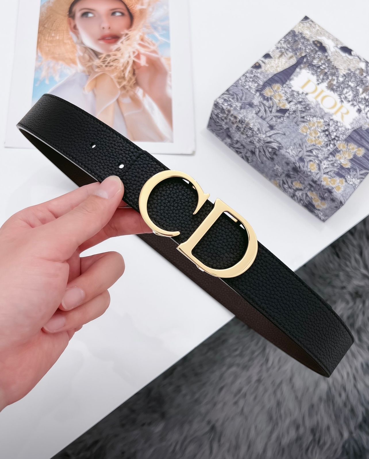 Dior Belt Eaturing Prominent Gold Metal 'CD' Buckle. - Image 3