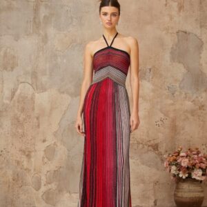 Ulysse Red Metallic Knit Halterneck Maxi Dress