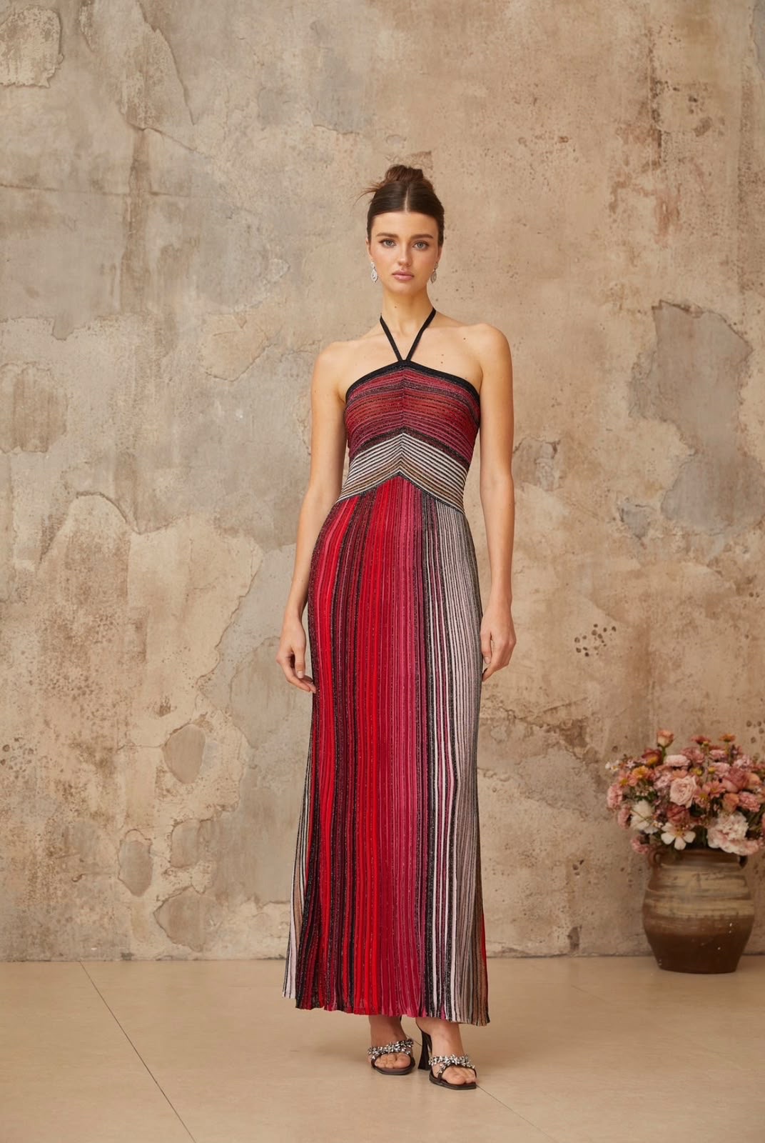 Ulysse Red Metallic Knit Halterneck Maxi Dress