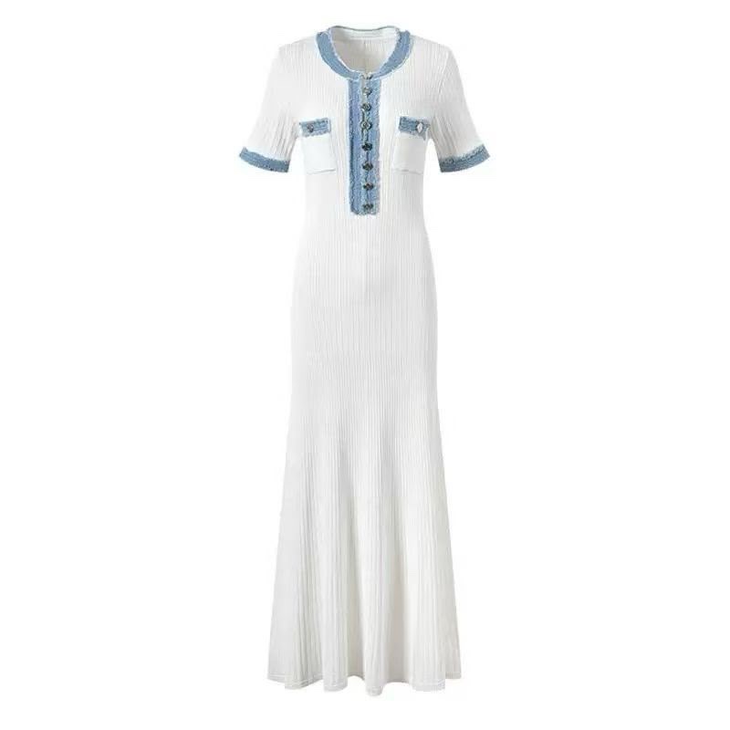 Sandro Denim-trim Knitted Maxi Dress