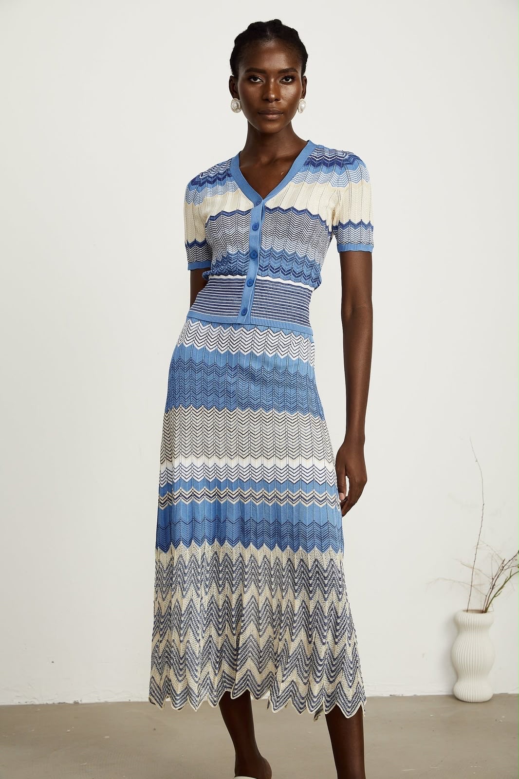 Daniela Blue Zigzag Design Knit Top And Skirt Matching Set