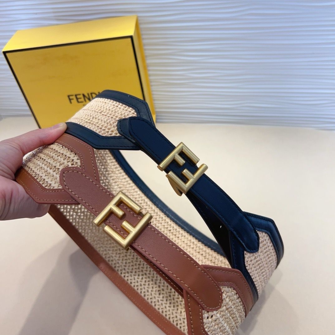 Fendi Raffia Belt Features Contrast Leather Straps
