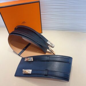 blue Hermès Belt Featuring Signature Silver-Toned Kelly Hardware Closures