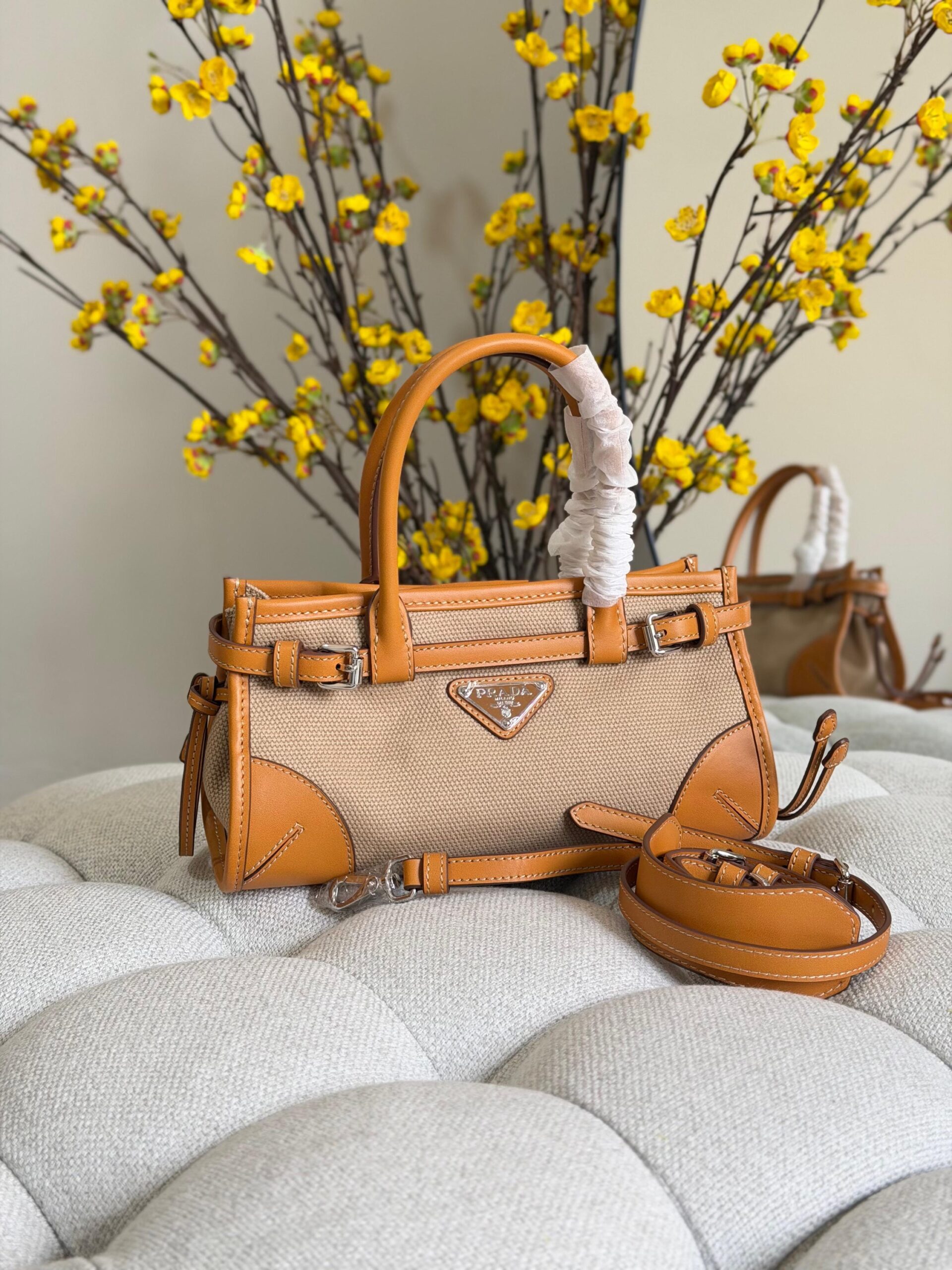 Prada Bonnie Small Linen And Leather