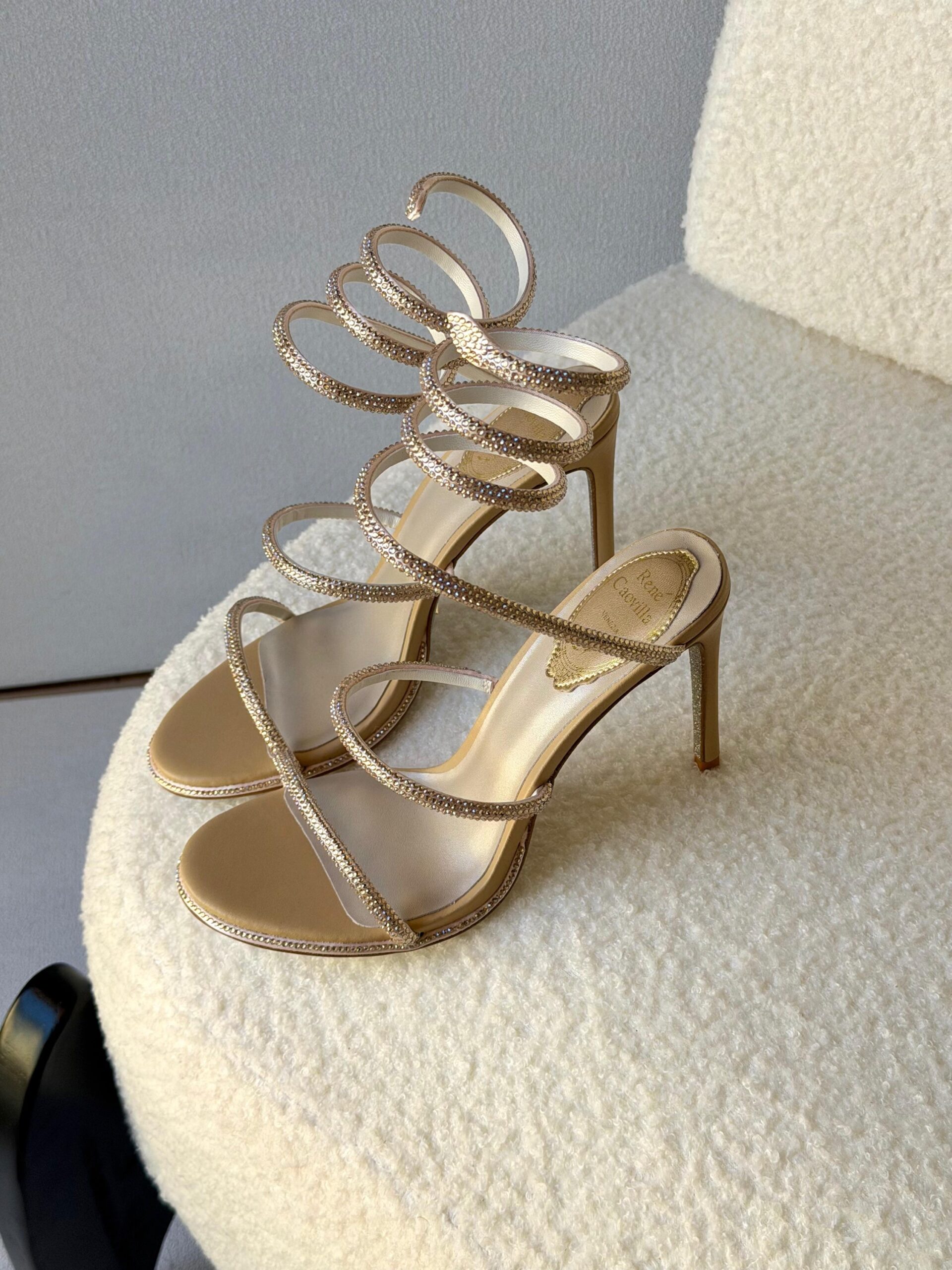 René Caovilla Cleo Sandals In A Burgundy Serpent-Like Coiled Ankle Strap - Image 6