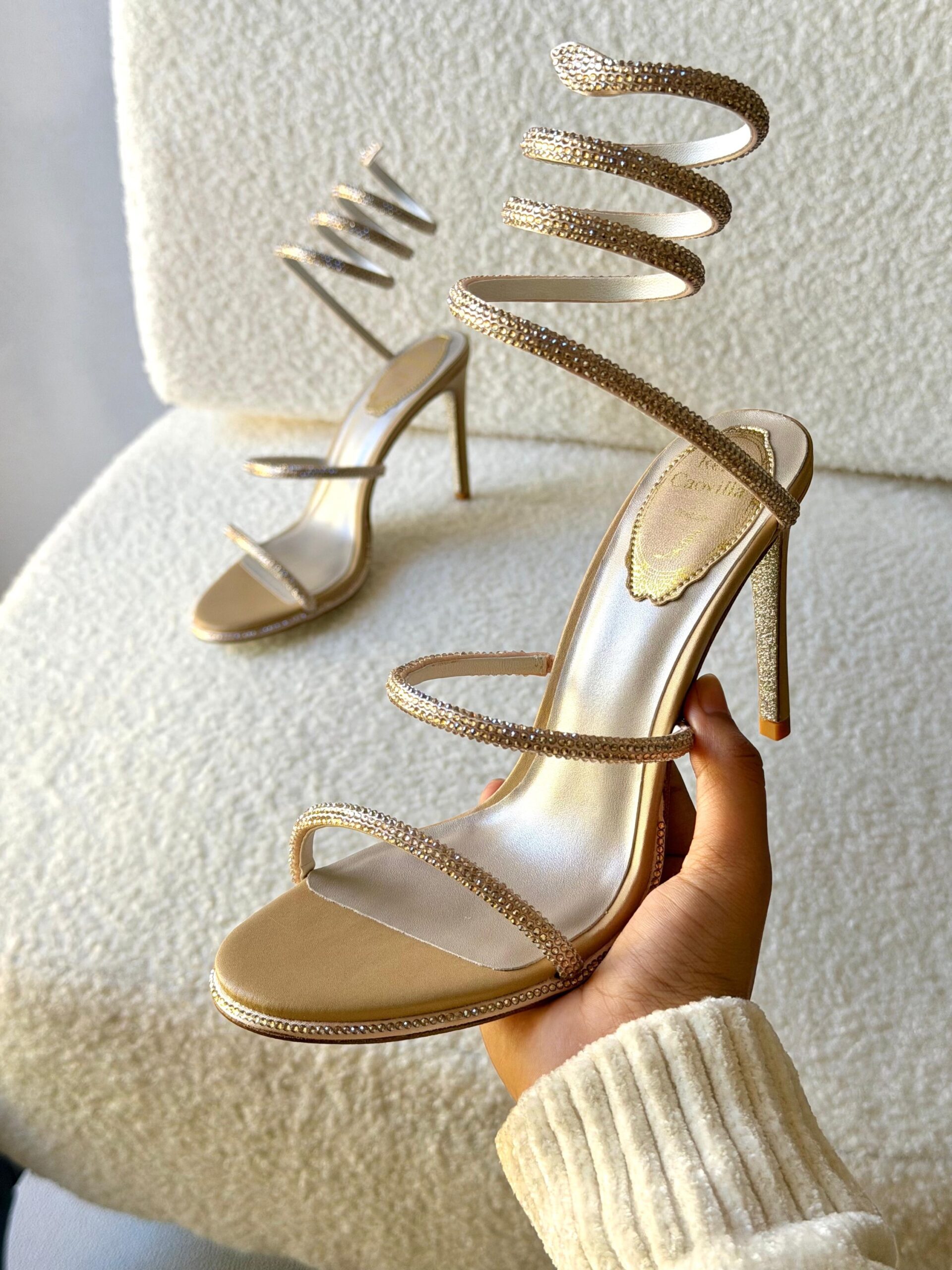 René Caovilla Cleo Sandals In A Burgundy Serpent-Like Coiled Ankle Strap - Image 5