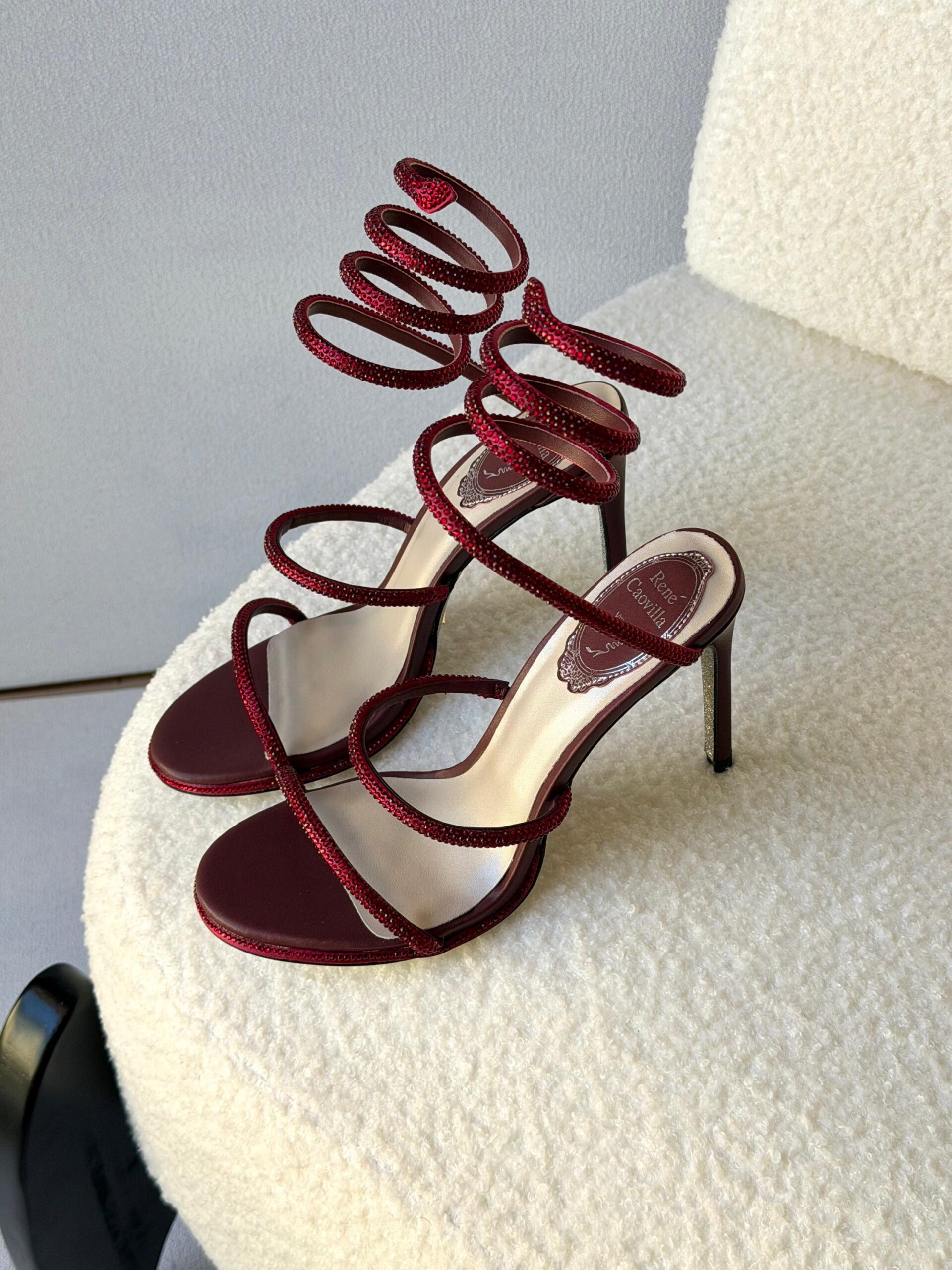 René Caovilla Cleo Sandals In A Burgundy Serpent-Like Coiled Ankle Strap - Image 2