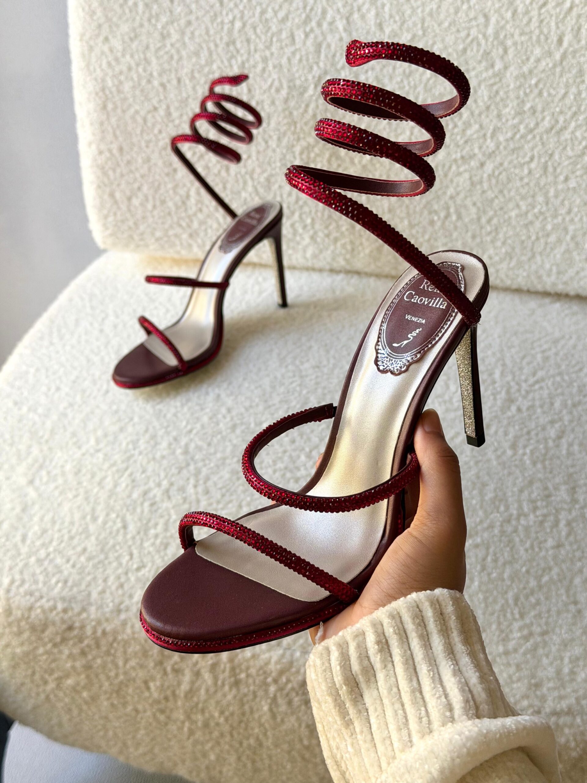 René Caovilla Cleo Sandals In A Burgundy Serpent-Like Coiled Ankle Strap