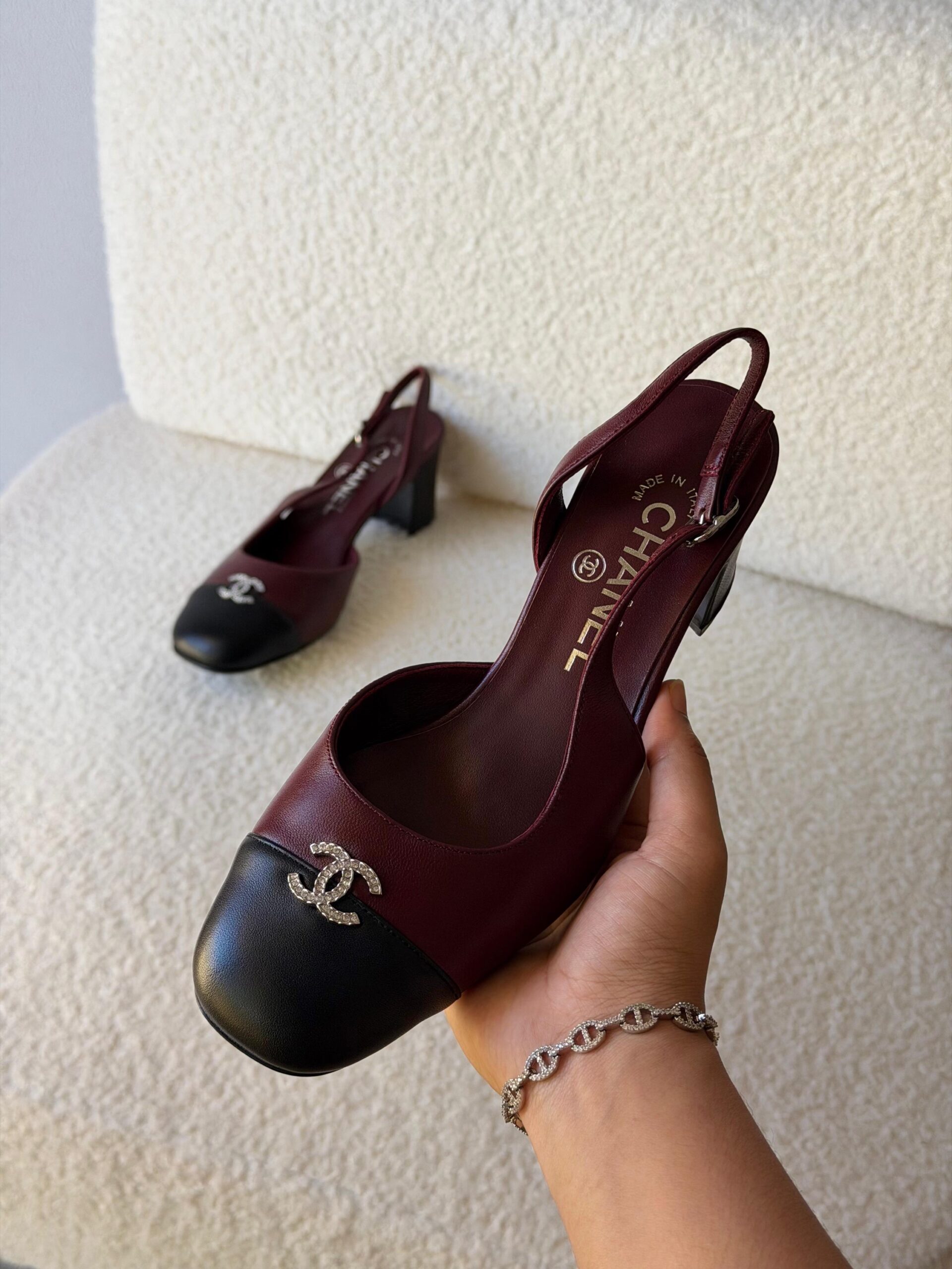 Chanel Slingback Heels And A Rhinestone-Encrusted CC Logo