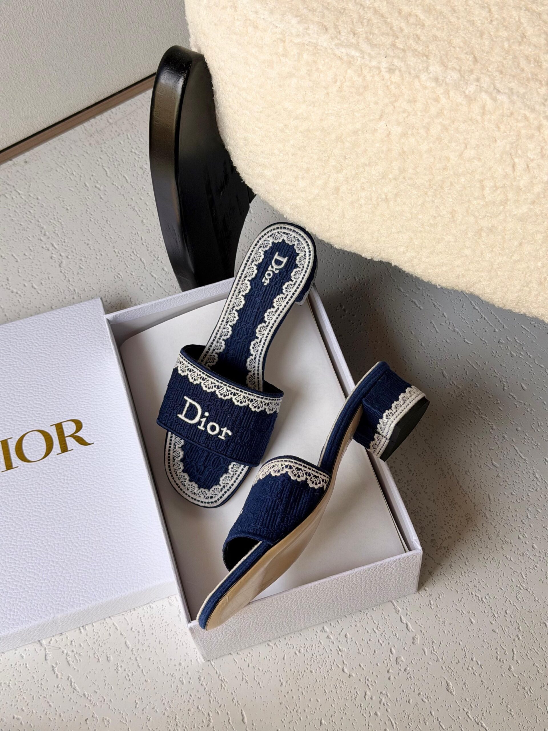 Dior Dentelle Heeled Slides Embroidered Cotton Upper - Image 2