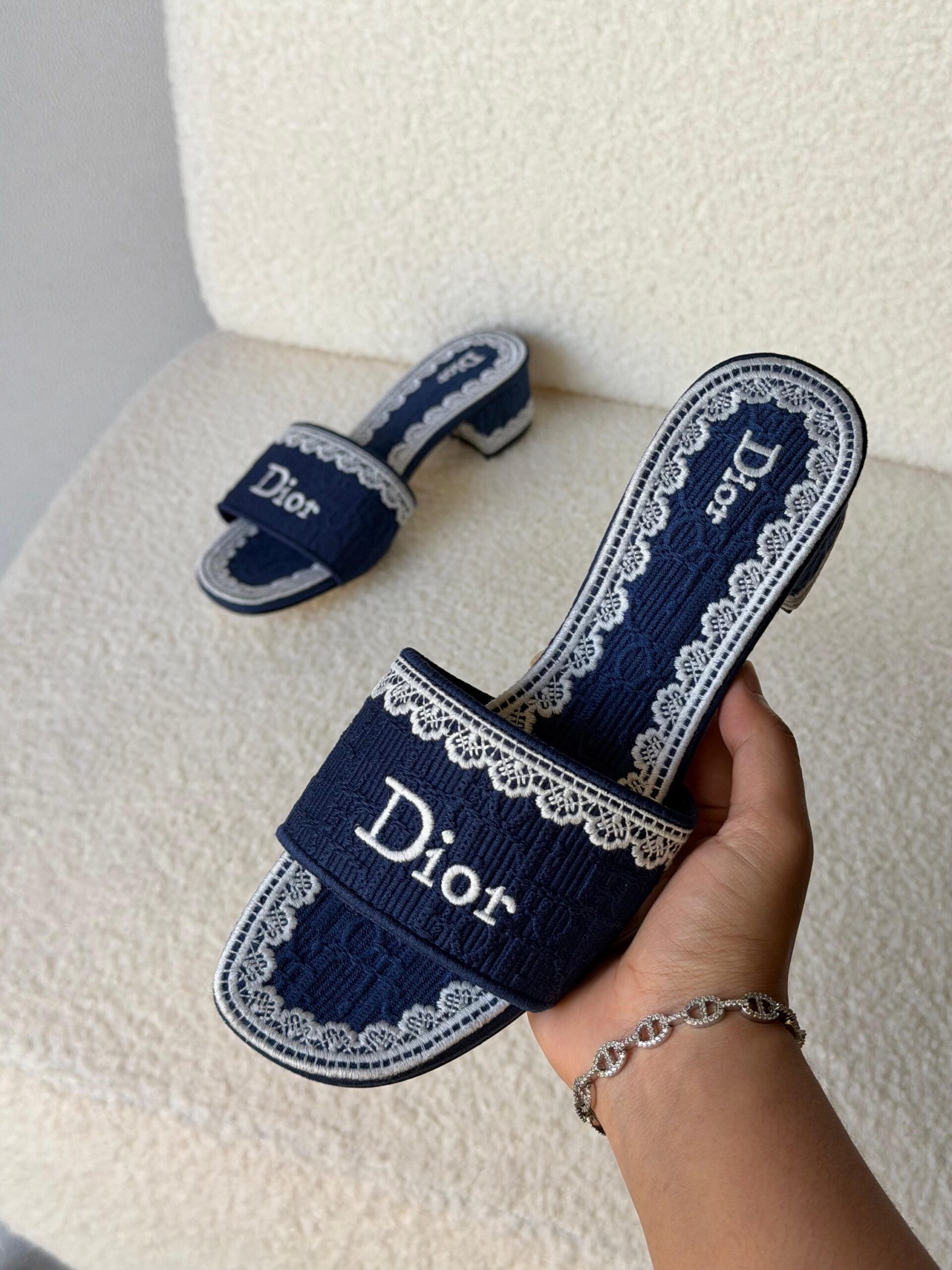 Dior Dentelle Heeled Slides Embroidered Cotton Upper