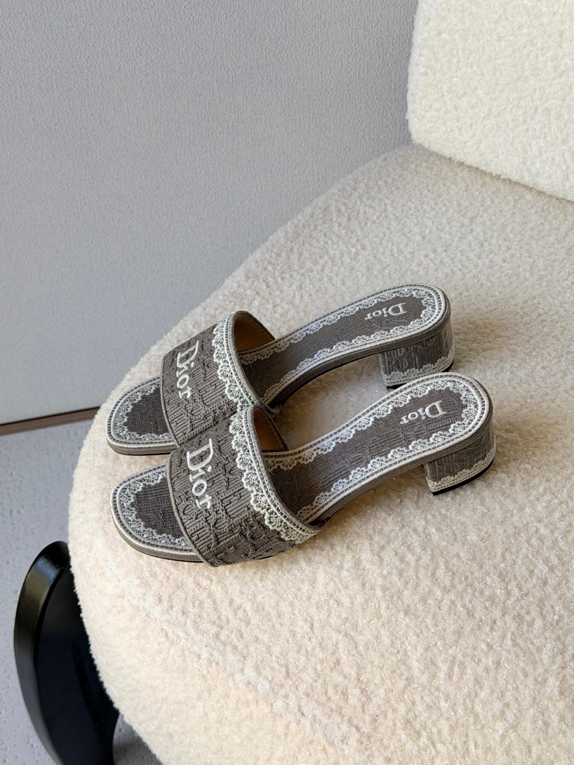 Dior Dentelle Heeled Slides Embroidered Cotton Upper - Image 4