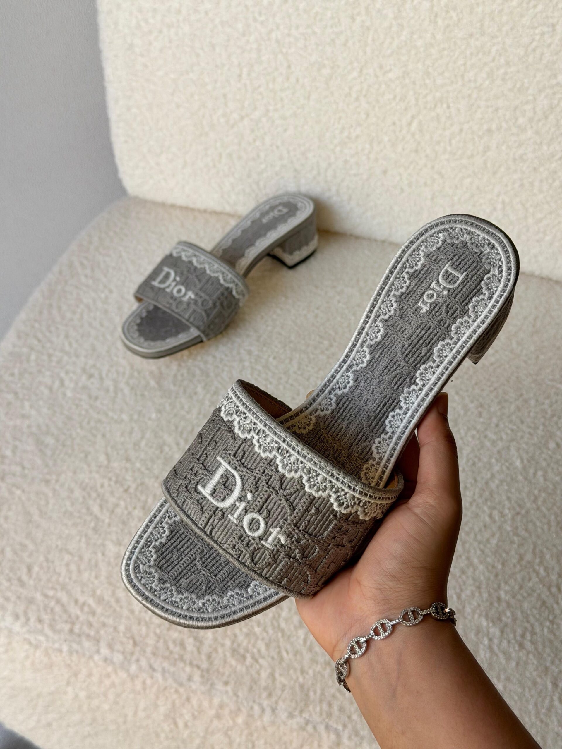 Dior Dentelle Heeled Slides Embroidered Cotton Upper - Image 3