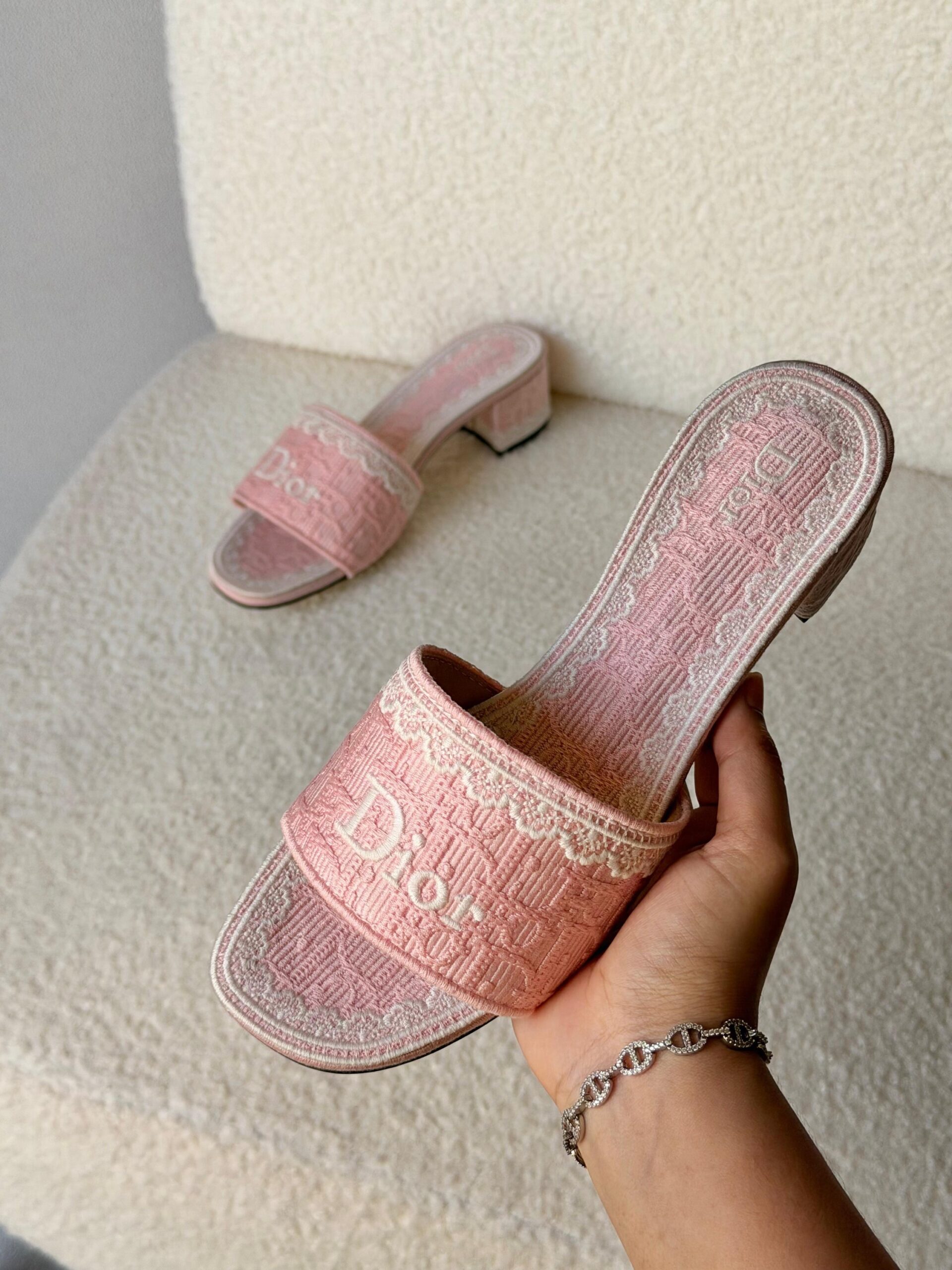 Dior Dentelle Heeled Slides Embroidered Cotton Upper - Image 5