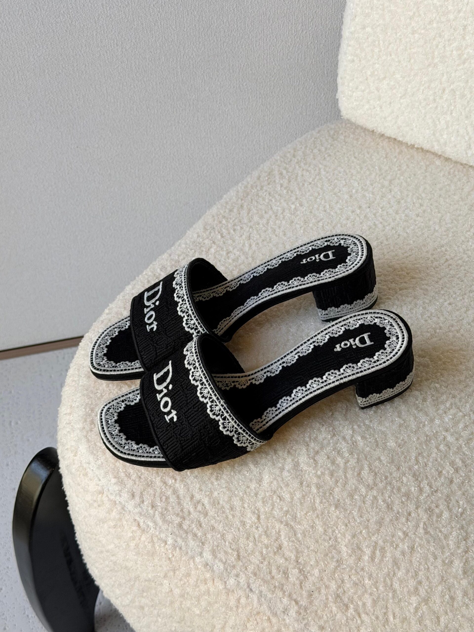 Dior Dentelle Heeled Slides Embroidered Cotton Upper - Image 8