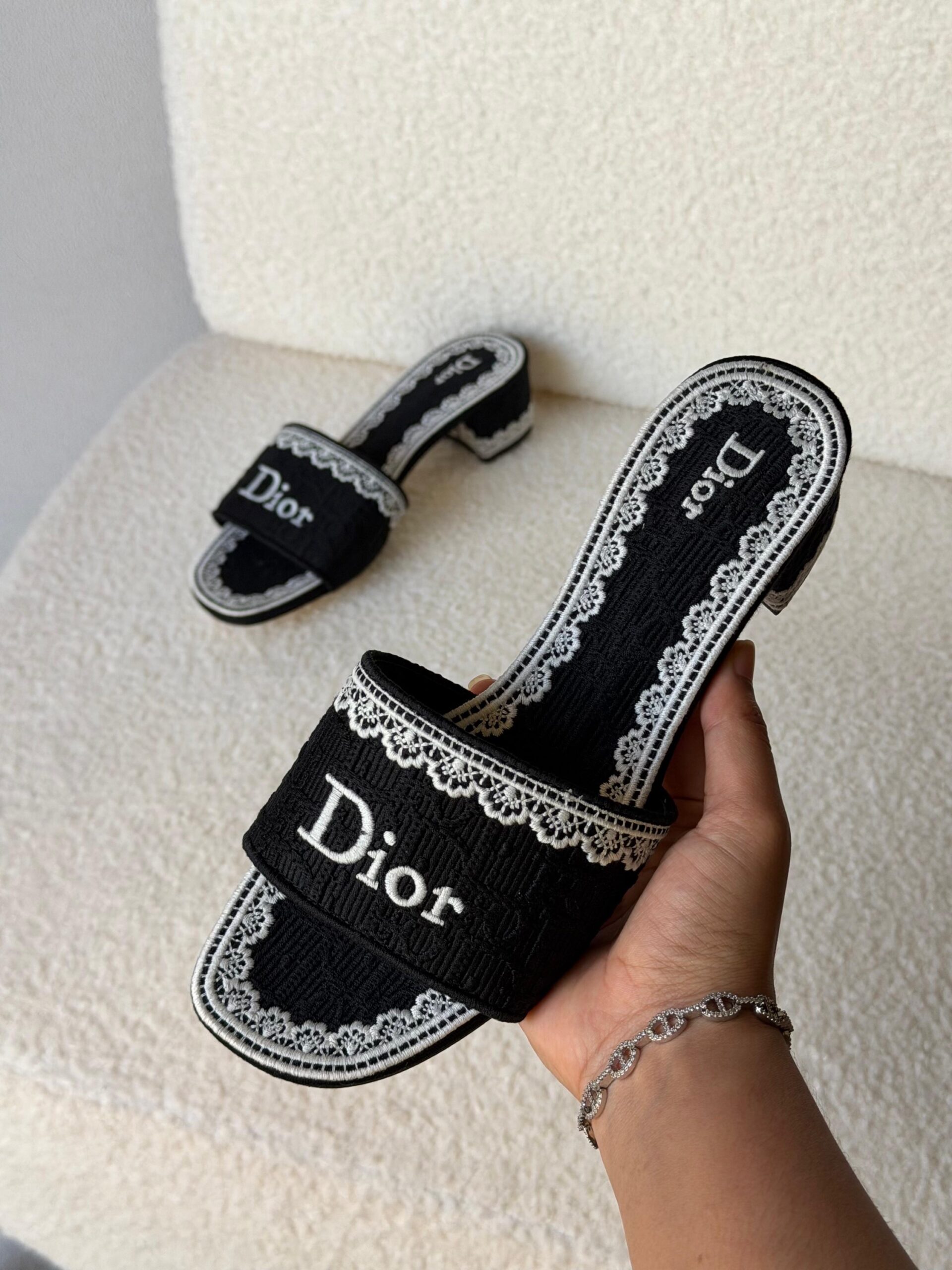 Dior Dentelle Heeled Slides Embroidered Cotton Upper - Image 7