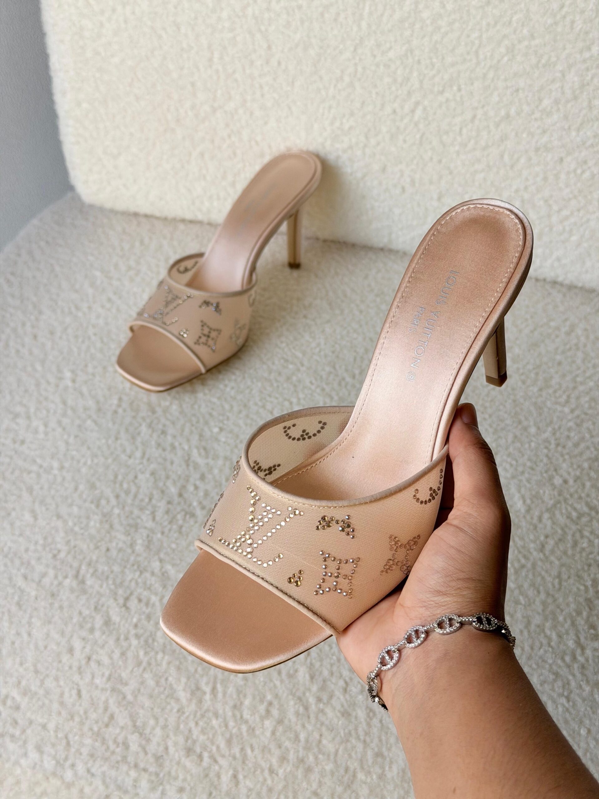 Louis Vuitton Gala Mules in Blanc Featuring Translucent Mesh And Shimmering Rhinestones In A Monogram Pattern - Image 5