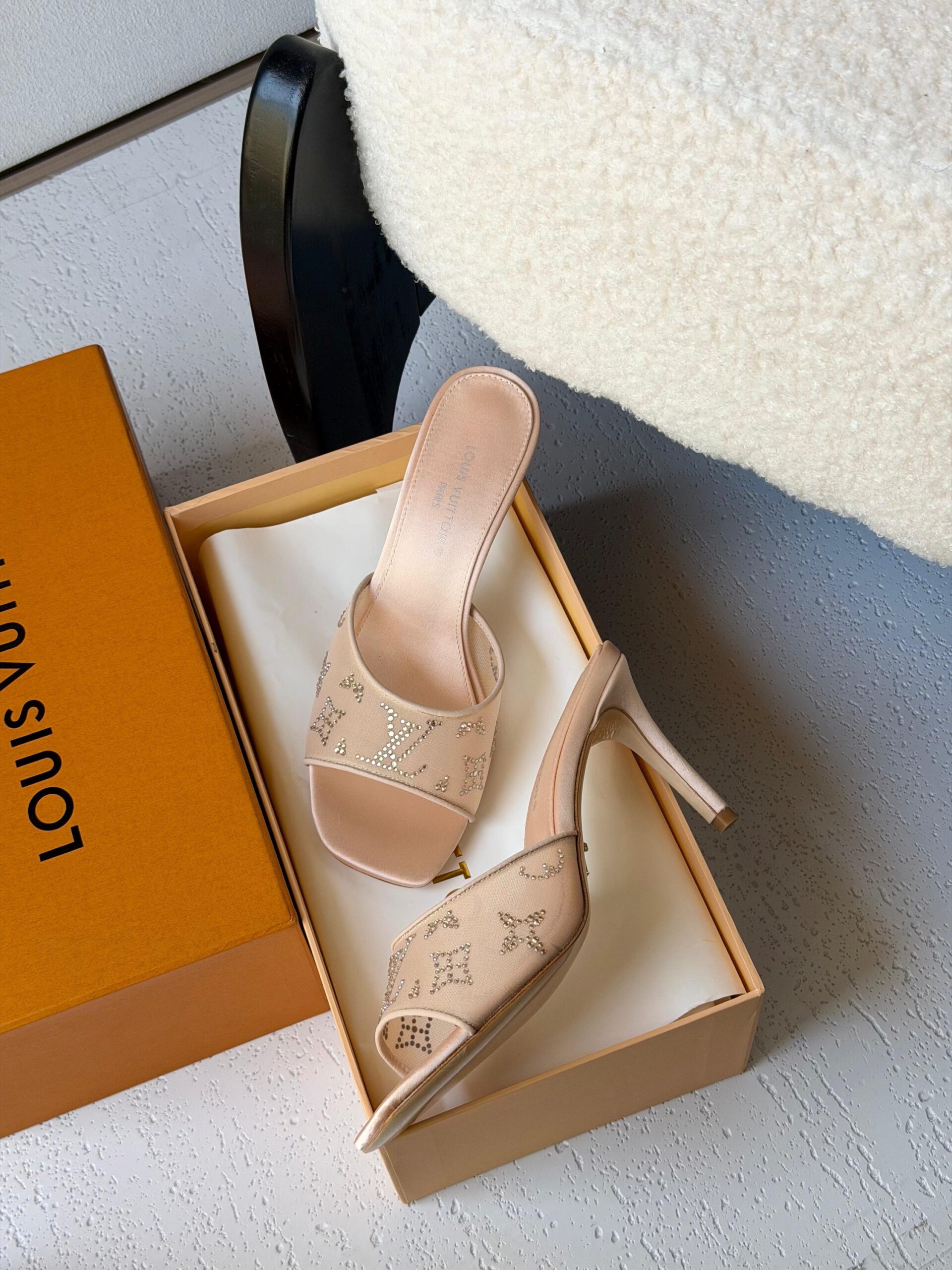 Louis Vuitton Gala Mules in Blanc Featuring Translucent Mesh And Shimmering Rhinestones In A Monogram Pattern - Image 6