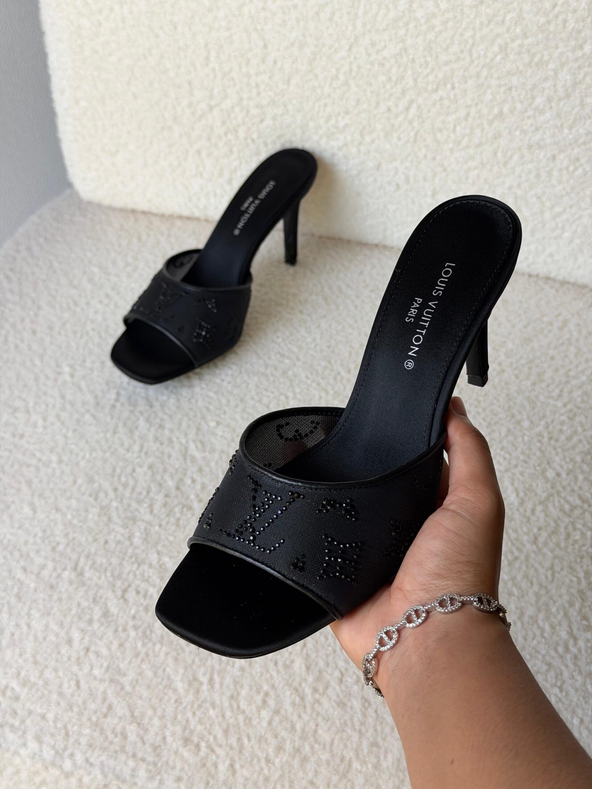 Louis Vuitton Gala Mules in Blanc Featuring Translucent Mesh And Shimmering Rhinestones In A Monogram Pattern - Image 3