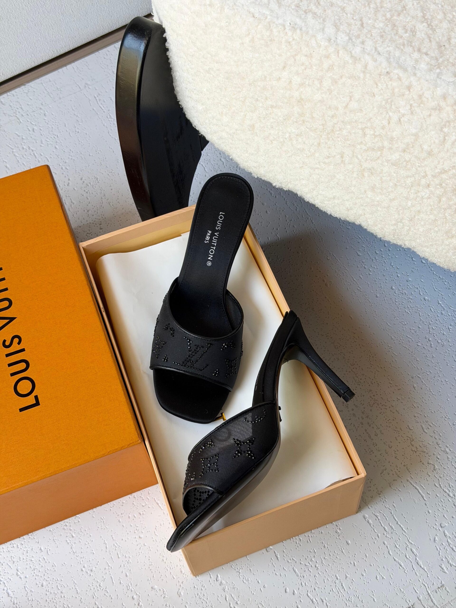 Louis Vuitton Gala Mules in Blanc Featuring Translucent Mesh And Shimmering Rhinestones In A Monogram Pattern - Image 4
