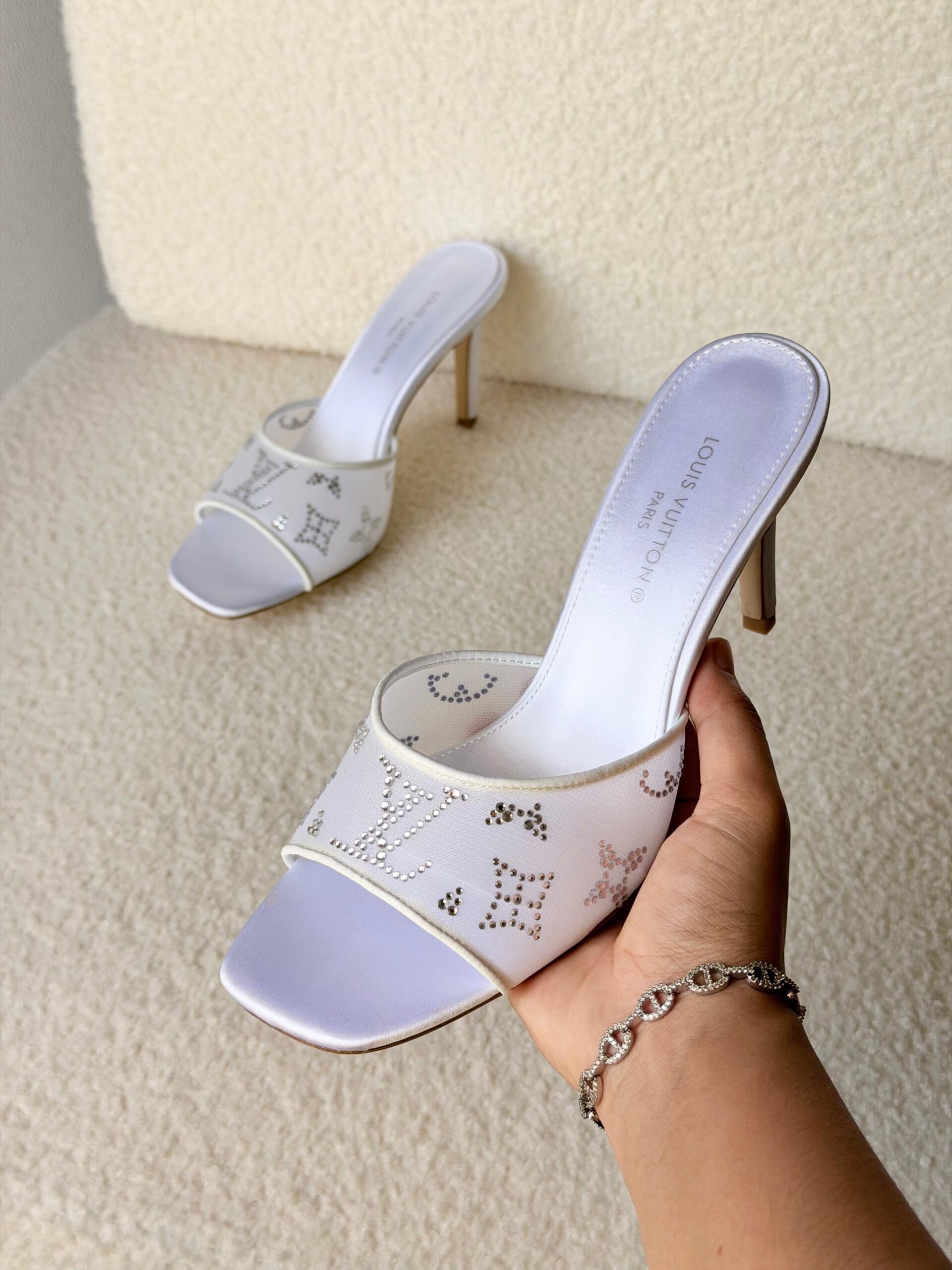 Louis Vuitton Gala Mules in Blanc Featuring Translucent Mesh And Shimmering Rhinestones In A Monogram Pattern