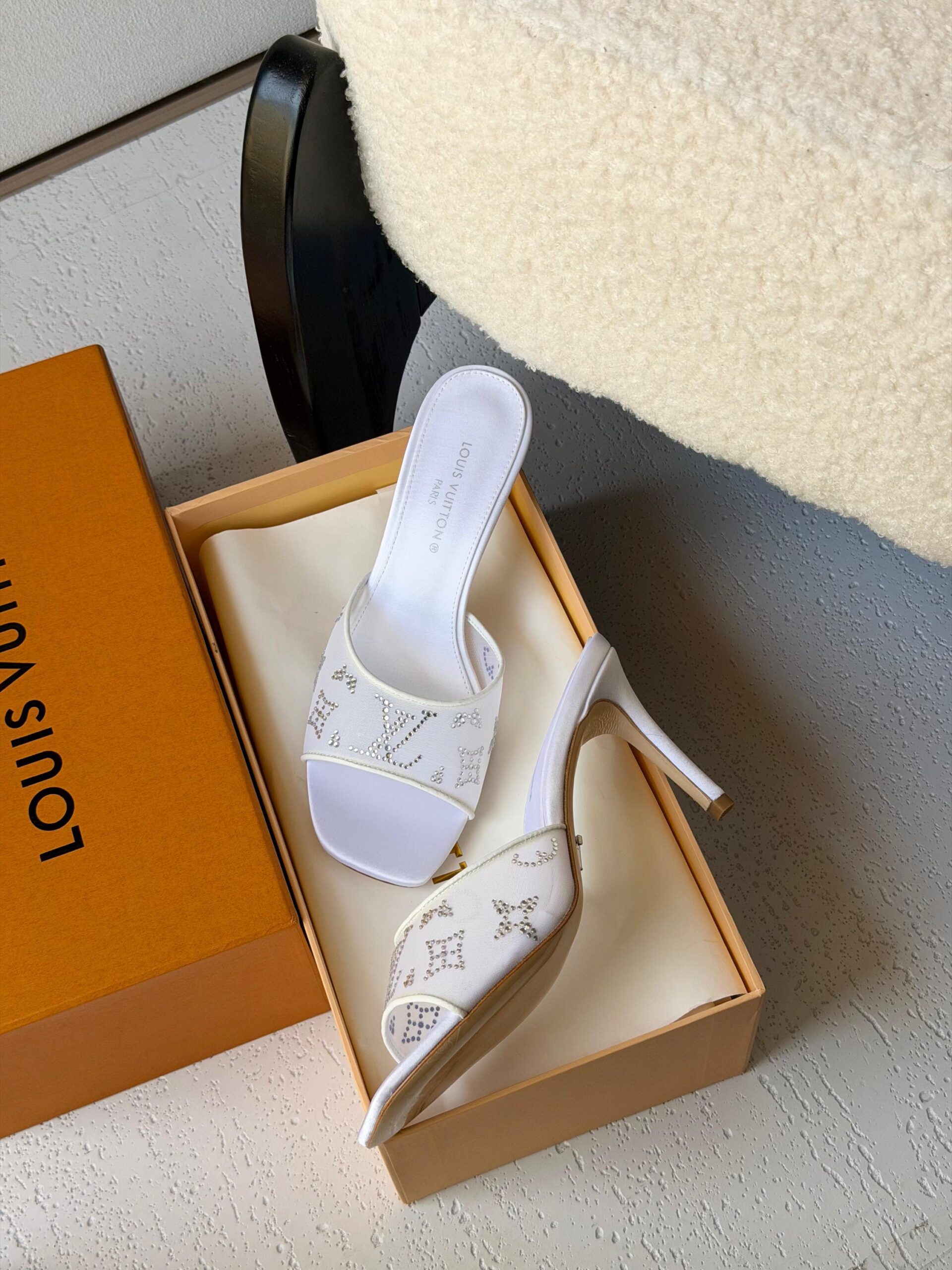 Louis Vuitton Gala Mules in Blanc Featuring Translucent Mesh And Shimmering Rhinestones In A Monogram Pattern - Image 2