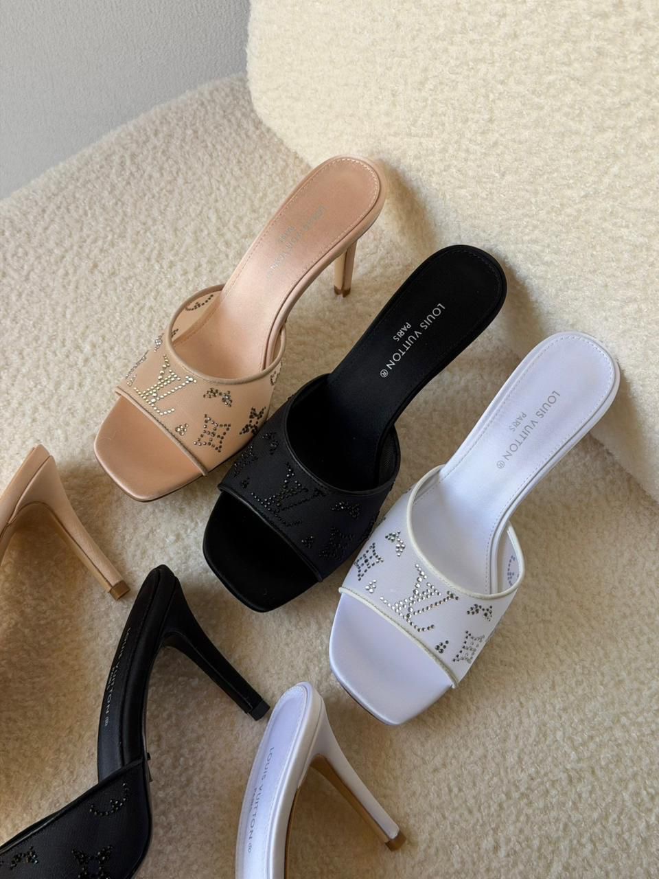 Louis Vuitton Gala Mules in Blanc Featuring Translucent Mesh And Shimmering Rhinestones In A Monogram Pattern - Image 7