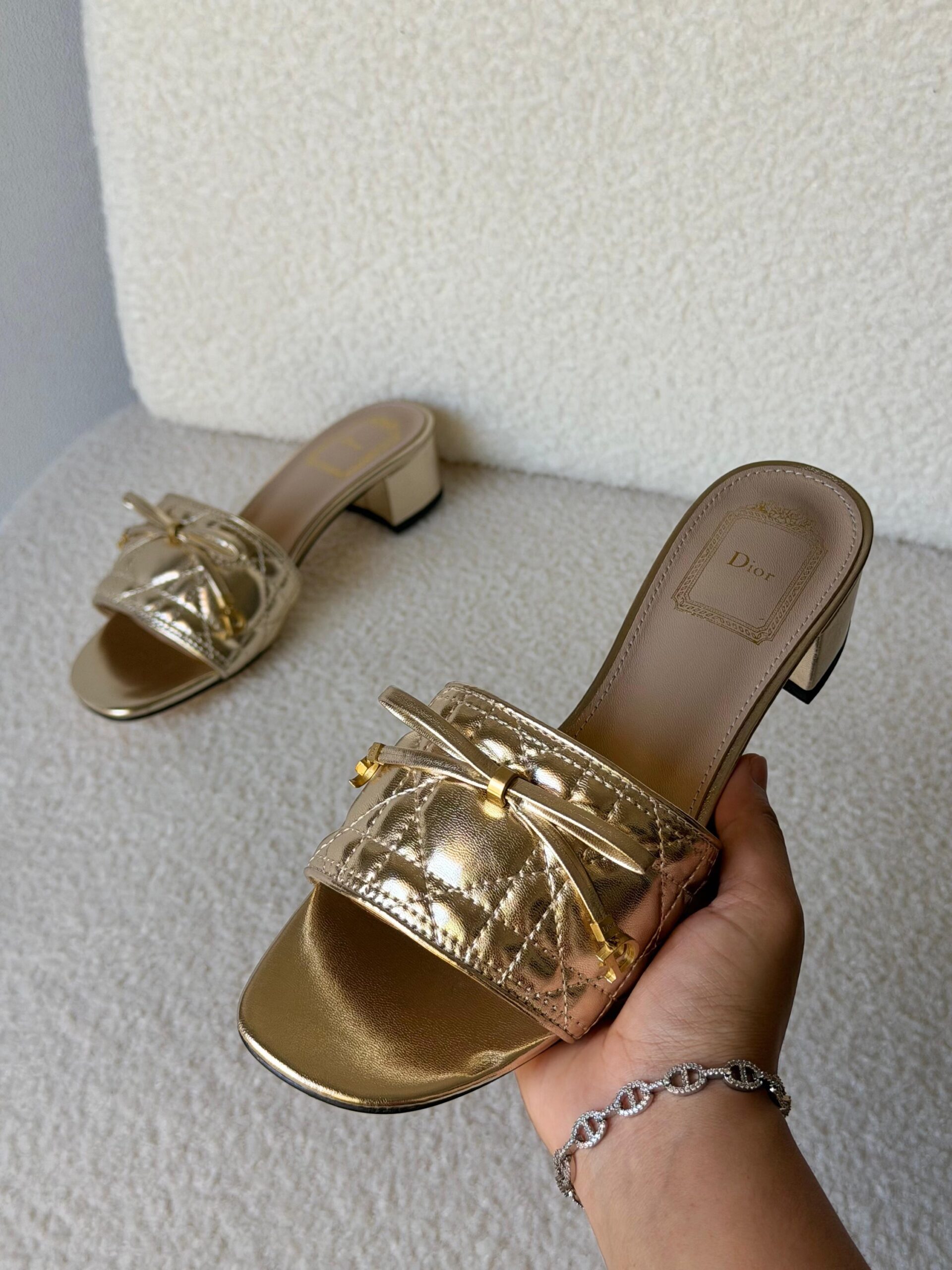 Christian Dior Dior Or Cannage Heeled Slides - Image 3
