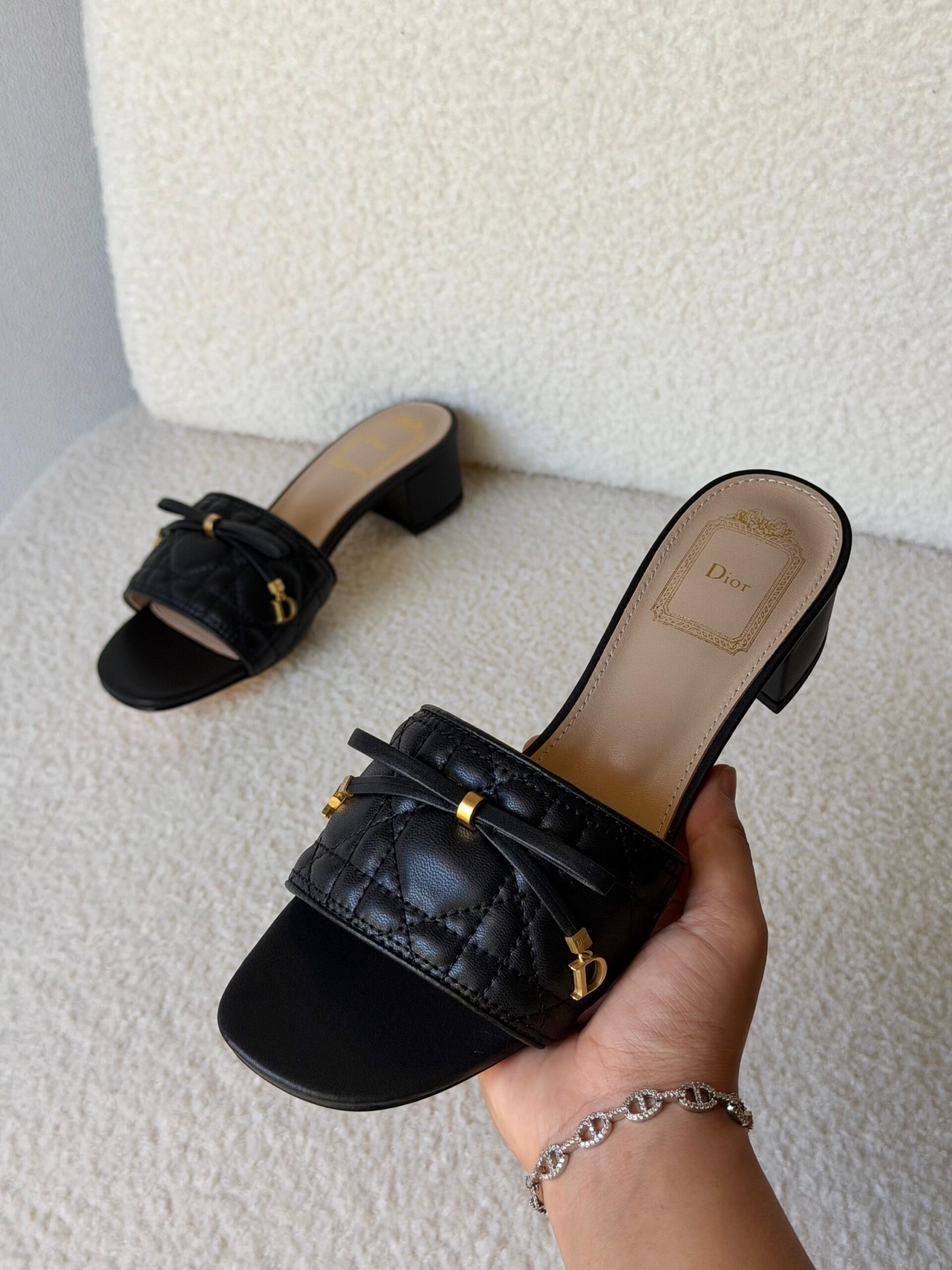 Christian Dior Dior Or Cannage Heeled Slides