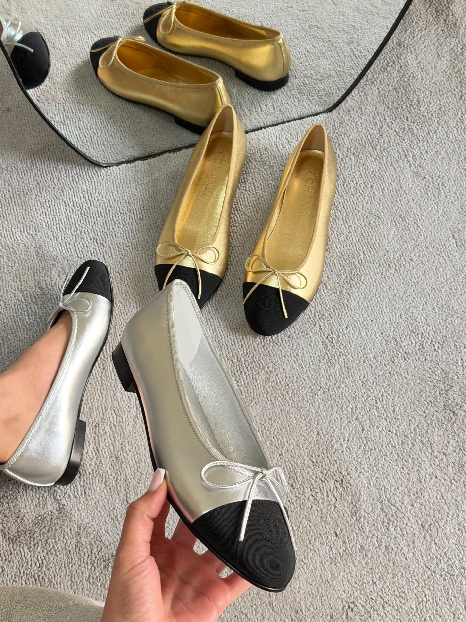 Chanel Metallic Crinkled Lambskin Cap Toe Ballerina Flats